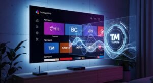 Η διεπαφή χρήστη του TiviMate IPTV Player σε μια σύγχρονη τηλεόραση 4K σε ένα σαλόνι.