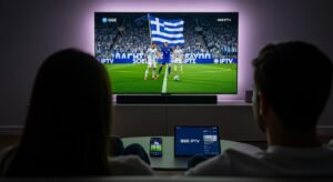 A couple watching a live Greek football match on a large TV via the GSE IPTV app in a cozy room.