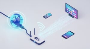 3D illustration showing internet connectivity between a router and multiple devices for streaming.