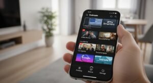 A close-up of a user interface for a Greek IPTV application showing VOD and Live TV categories.