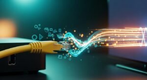 Κοντινό πλάνο σύνδεσης καλωδίου Ethernet σε TV Box για την εξάλειψη του buffering IPTV.