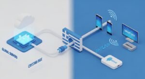 Technical diagram showing how IPTV streaming data moves from servers to multiple devices like smartphones and TVs.