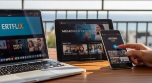 Λάπτοπ, τάμπλετ και smartphone που παίζουν δωρεάν ελληνική τηλεόραση live μέσω internet σε ένα τραπέζι.