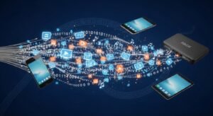 Τρισδιάστατη απεικόνιση της ροής δεδομένων τηλεοπτικού σήματος από το διαδίκτυο προς διάφορες ψηφιακές συσκευές.