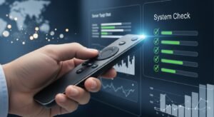 Close-up of a remote control and a TV screen showing a successful system diagnostic check.