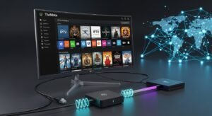 Ένα Android TV Box συνδεδεμένο με οθόνη που δείχνει μια εφαρμογή IPTV με ελληνικά κανάλια και EPG, σε σύγχρονο περιβάλλον.