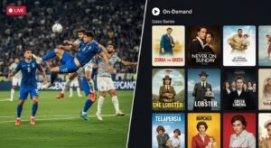 Σύνθεση εικόνας που δείχνει ζωντανή μετάδοση ποδοσφαίρου και βιβλιοθήκη ταινιών σε μια πλατφόρμα IPTV.